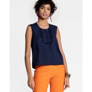 Frances Valentine Navy Lace Sleeveless Crewneck Cotton Top Womens Medium